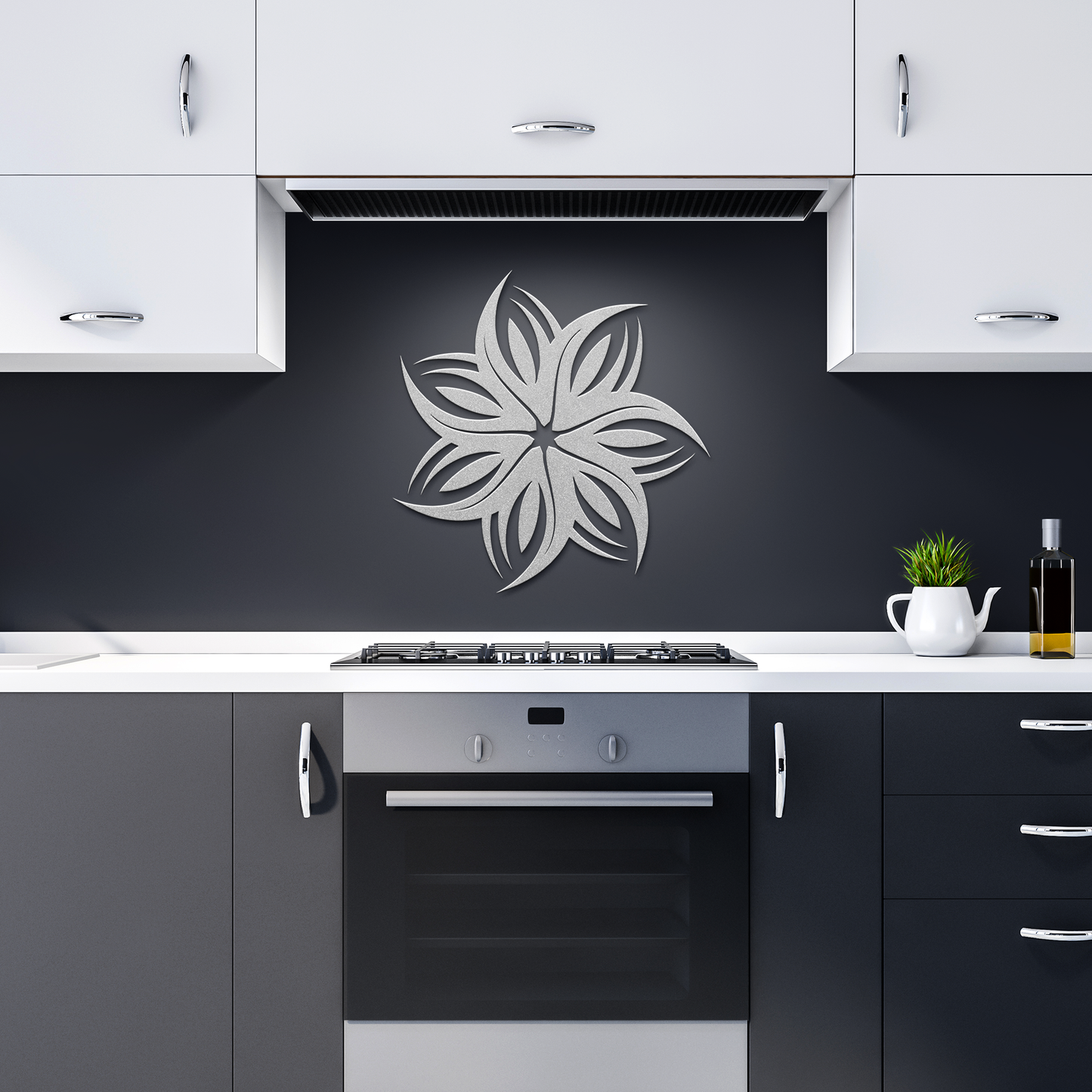 Tribal_flower_metal_wall_art_for_indoor__Silver_Dark_Kitchen_Mockup.png