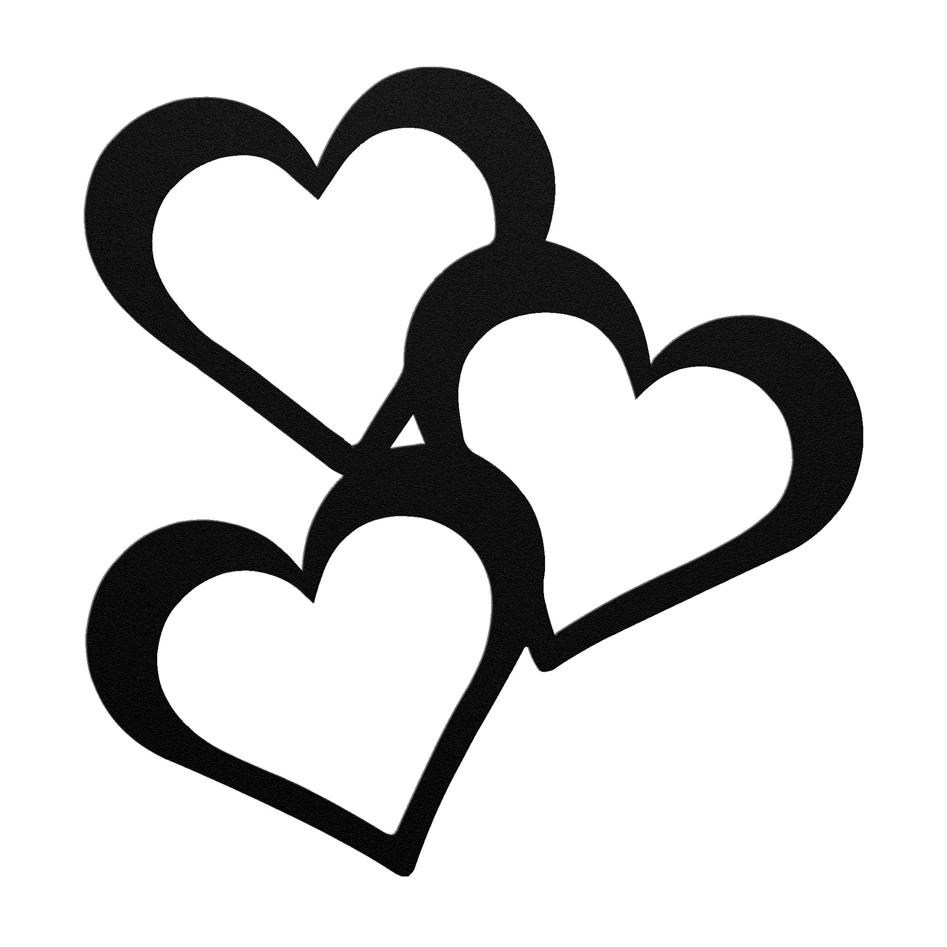 Black metal sign featuring three interconnected heart shapes on a white background.