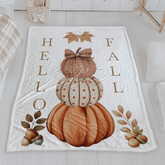 Hello Fall Harvest Stacked Pumpkins Velveteen Blanket