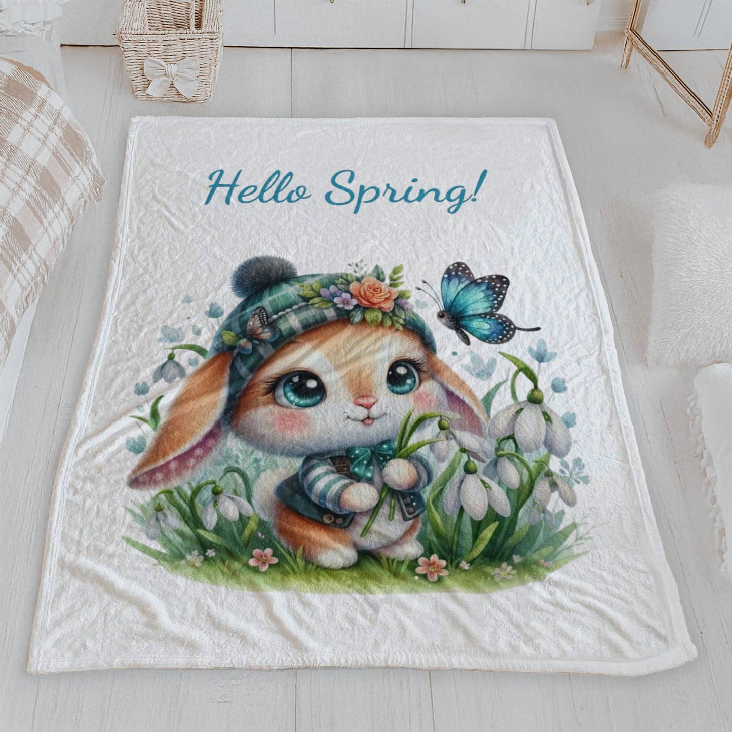 "Hello Spring!" Cute Bunny Velveteen Blanket