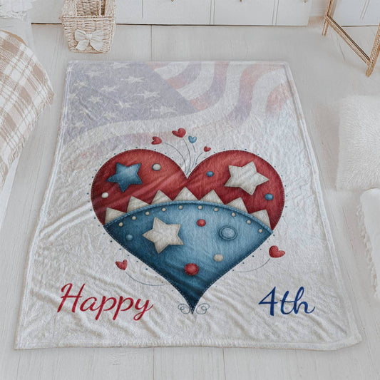 Happy 4th Patriotic Heart Velveteen Plush Blanket