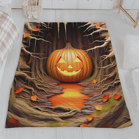 Glowing Jack-o'-Lantern in Spooky Tree Hollow Halloween Blanket