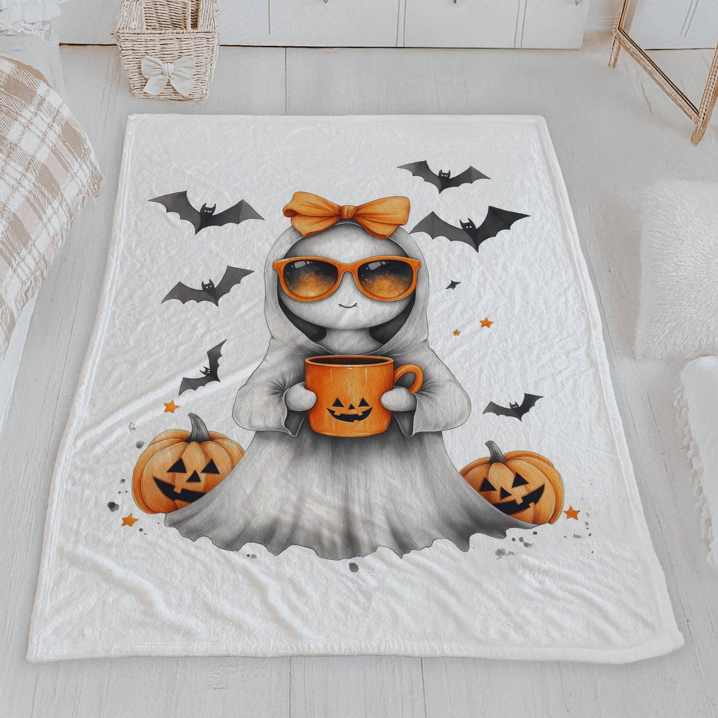 Cool Ghost with Sunglasses & Pumpkin Drink Halloween Lightweight Velveteen Blanket