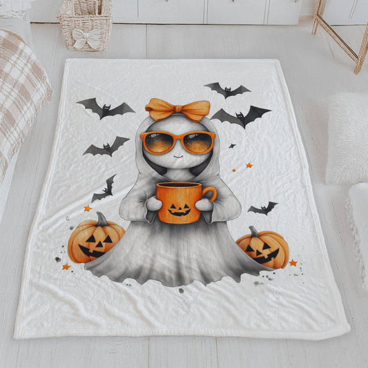 Cool Ghost with Sunglasses & Pumpkin Drink Halloween Lightweight Velveteen Blanket