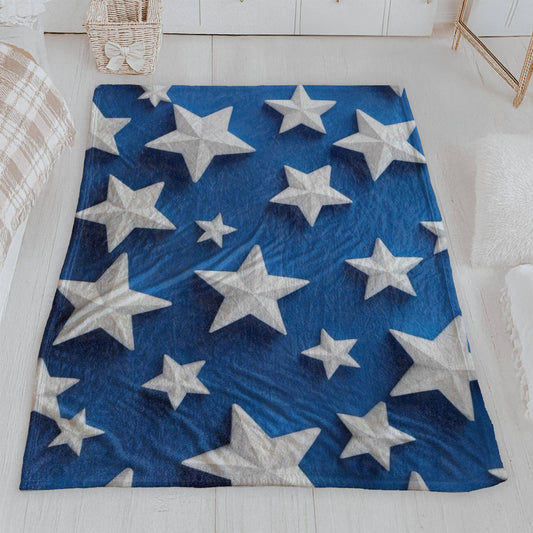 Bold Blue Velveteen Plush Blanket with 3D White Stars