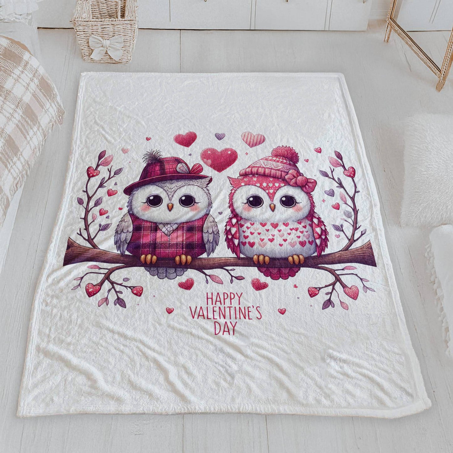 Owl Valentine's Day Velveteen Blanket