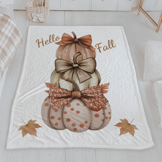 Hello Fall Stacked Pumpkins Velveteen Blanket