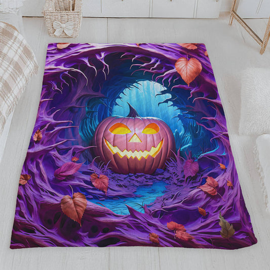 Eerie Glowing Pumpkin in Enchanted Purple Tree Hollow Blanket