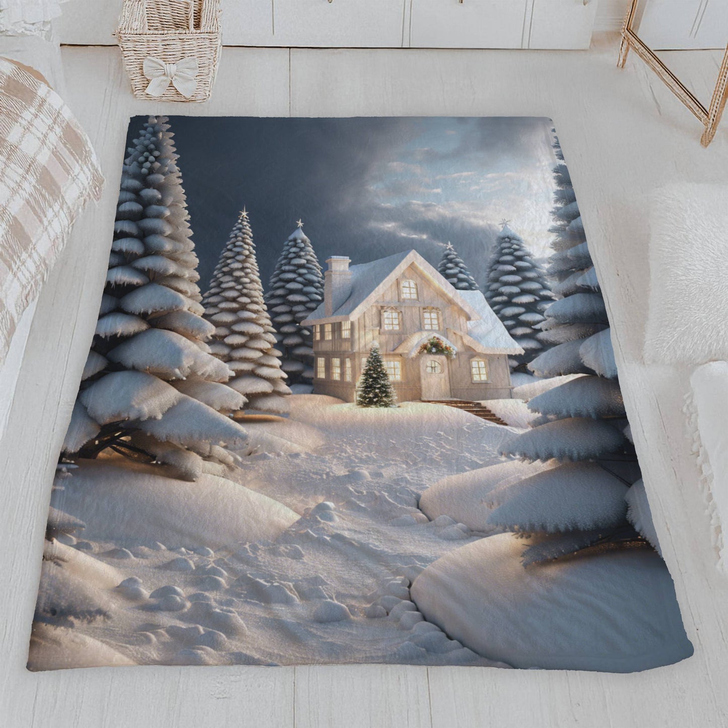 Enchanting White Christmas House Plush Blanket