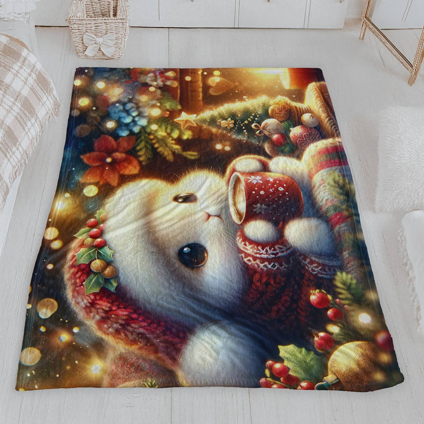 Adorable Fluffy Bunny with Hot Cocoa Velveteen Blanket