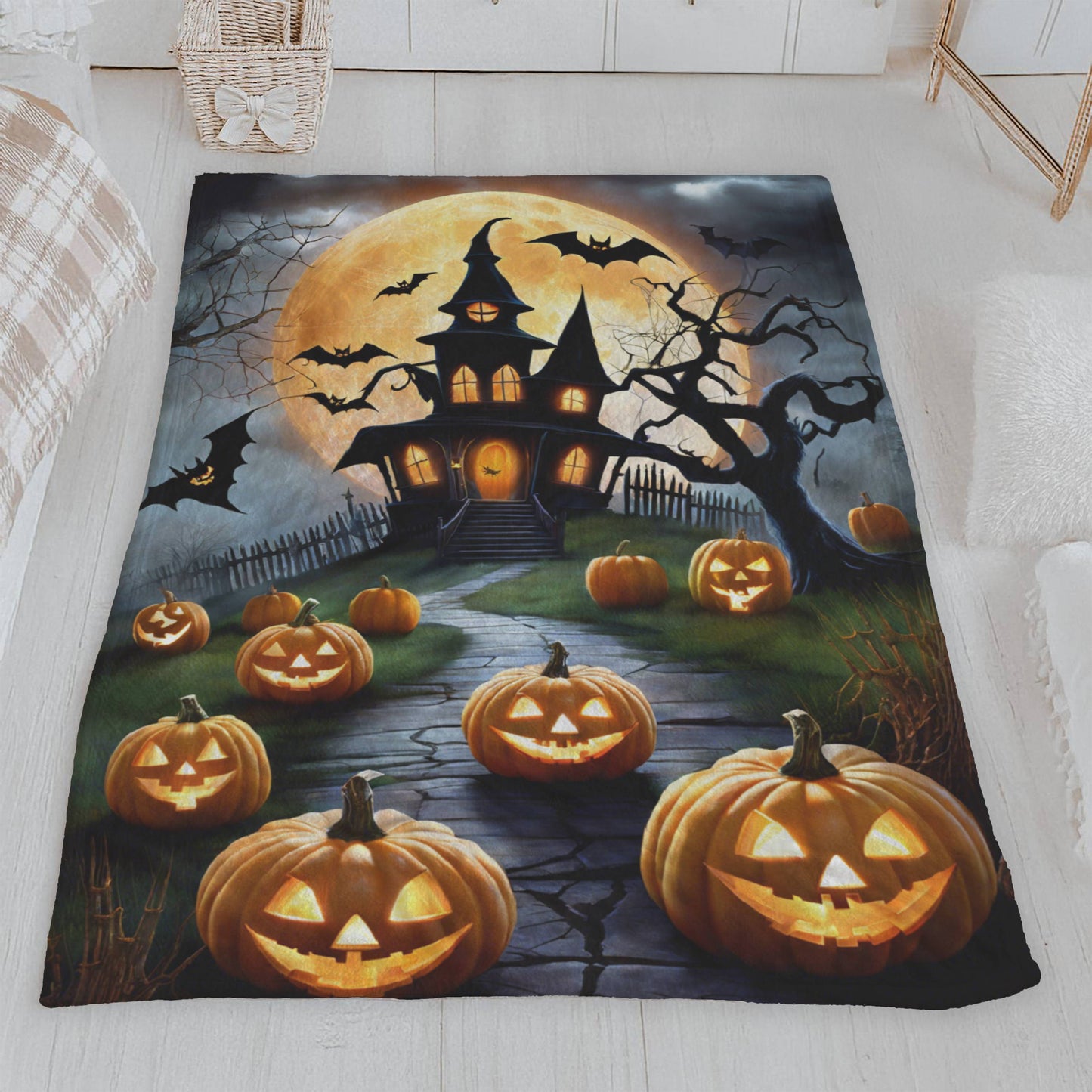 Mystical Haunted Mansion & Jack-o'-Lantern Path Halloween Plush Blanket