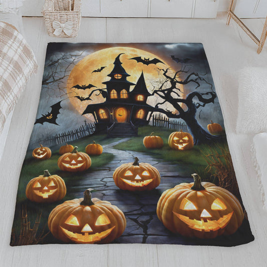 Mystical Haunted Mansion & Jack-o'-Lantern Path Halloween Plush Blanket
