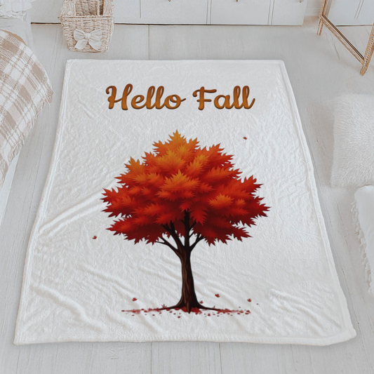 Hello Fall Red Autumn Tree Velveteen Blanket