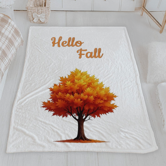 Hello Fall Autumn Tree Velveteen Blanket,