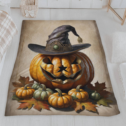 Spooky Jack-o'-Lantern Witch Hat Halloween Plush Blanket