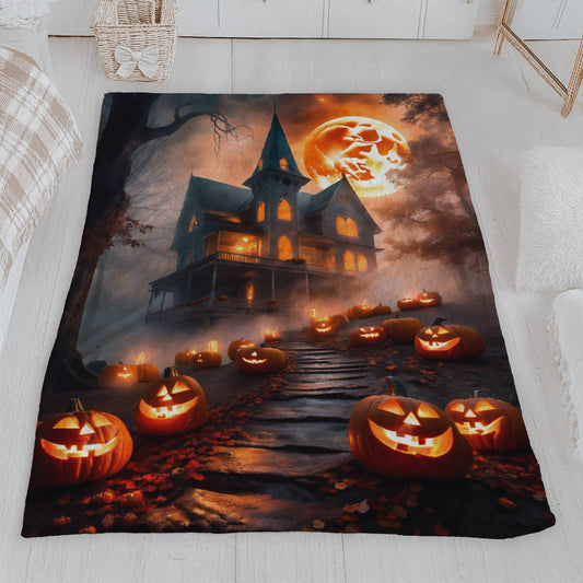 Haunted House & Fiery Orange Moon Halloween Plush Blanket