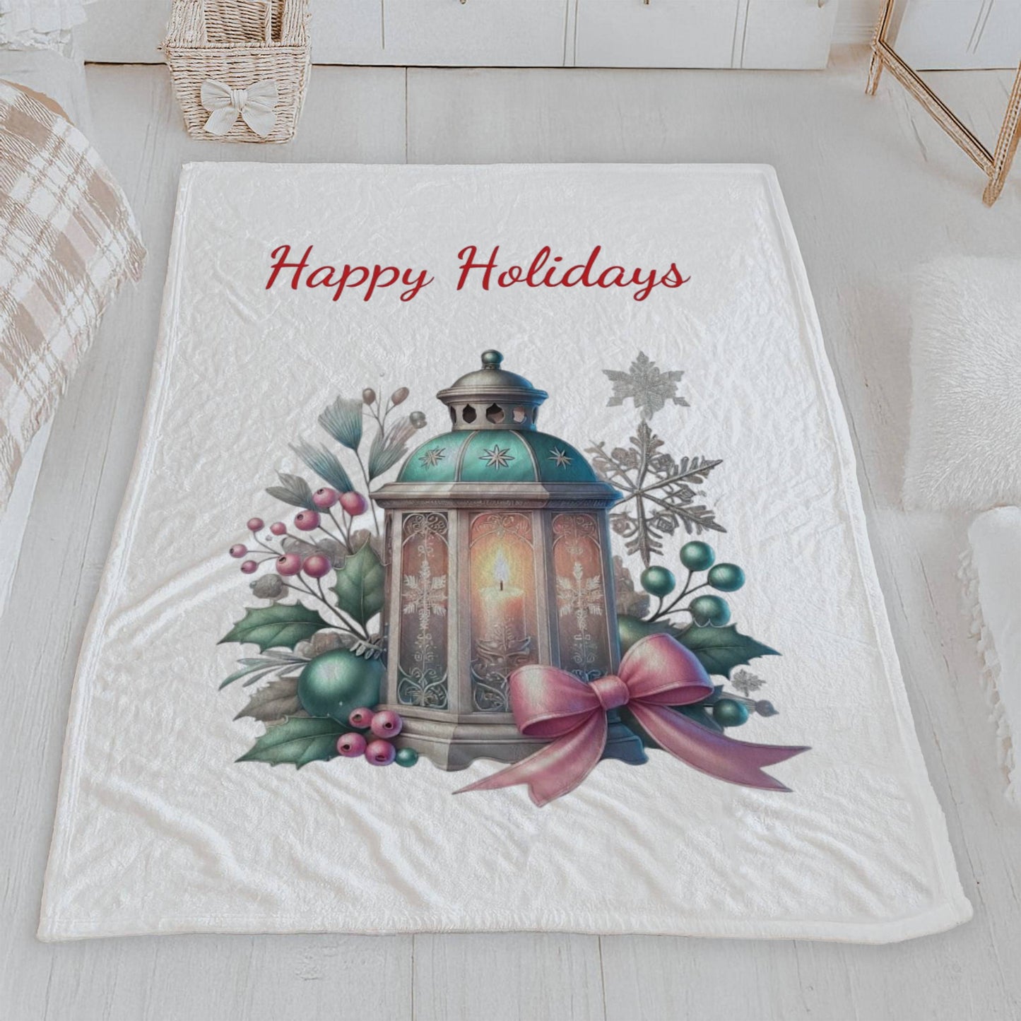 Teal Lantern Holiday Glow Plush Christmas Blanket