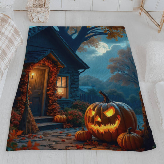 Spooky Cottage & Glowing Pumpkins Halloween Lightweight Velveteen Blanket