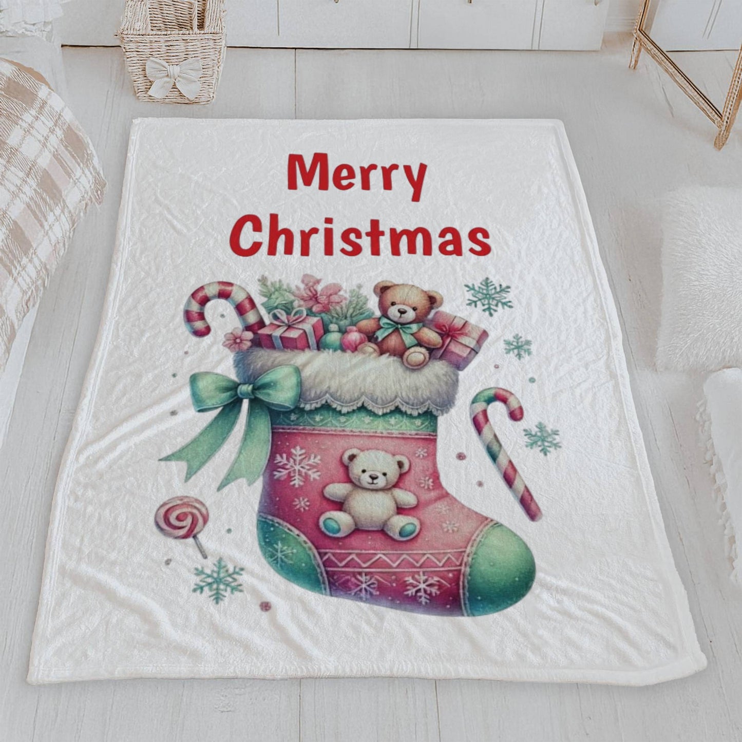 Christmas Stocking with Teddy Bear Velveteen Plush Blanket