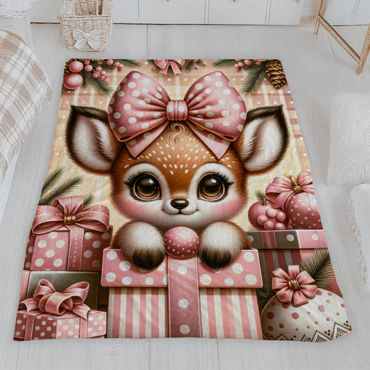 Cute Baby Deer with Pink Polka Dots Velveteen Plush Blanket
