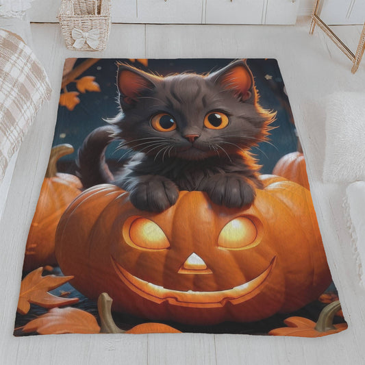 Adorable Black Cat in Jack-o'-Lantern Halloween Plush Blanket