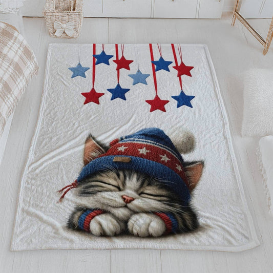 Sleeping Kitten in Patriotic Hat Velveteen Plush Blanket