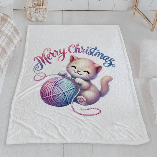 Merry Christmas Kitten Velveteen Plush Blanket
