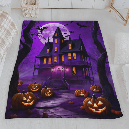 Spooky Purple Haunted House Halloween Blanket