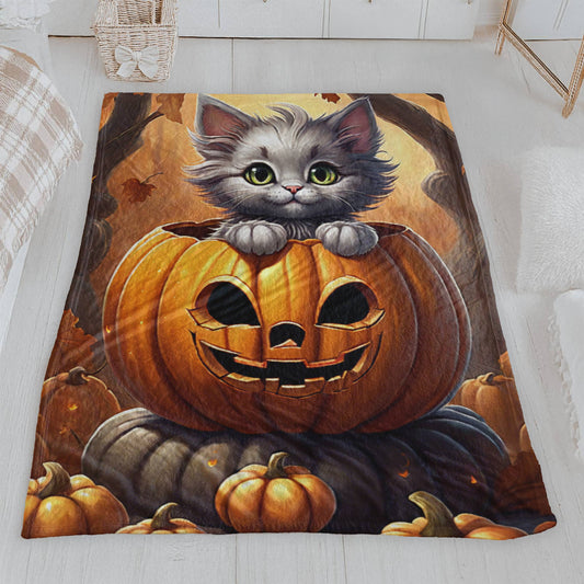 Adorable Kitten in Pumpkin Plush Lightweight Throw