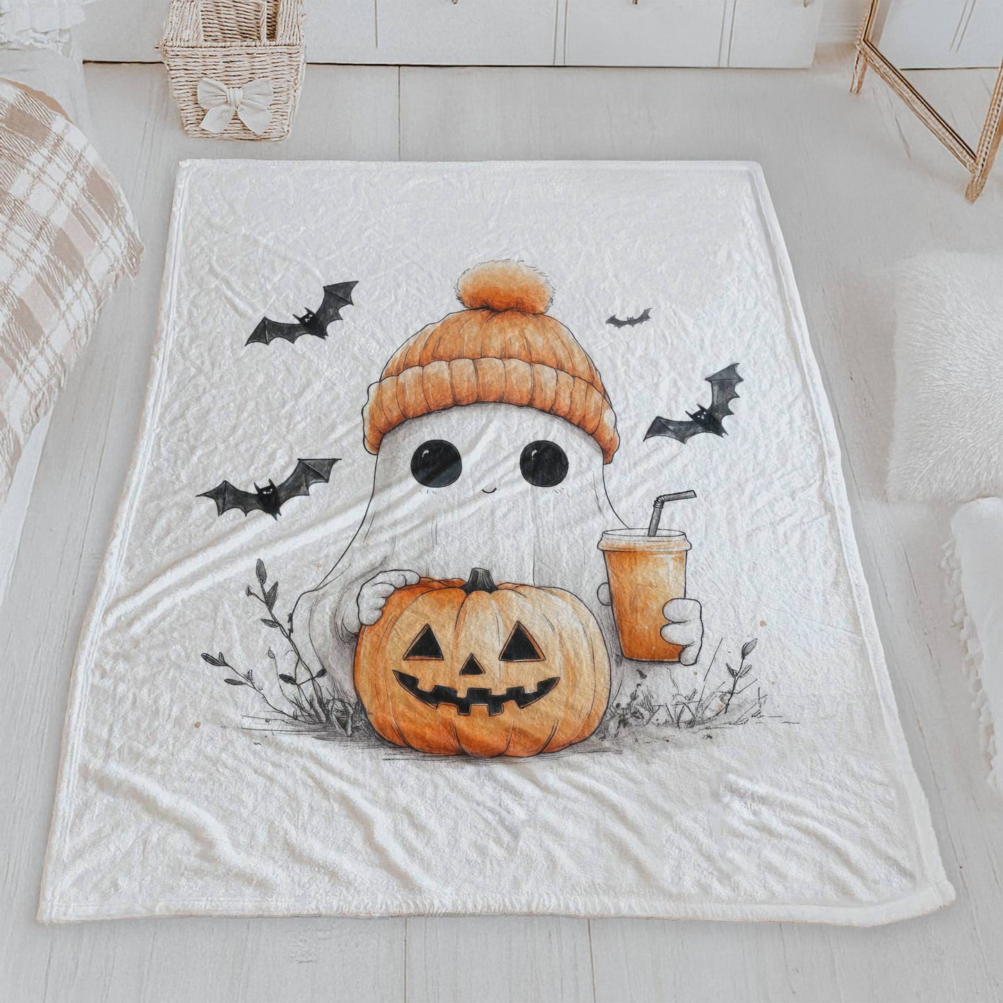 Cute Ghost with Pumpkin & Drink Halloween Lightweight Velveteen Blanket