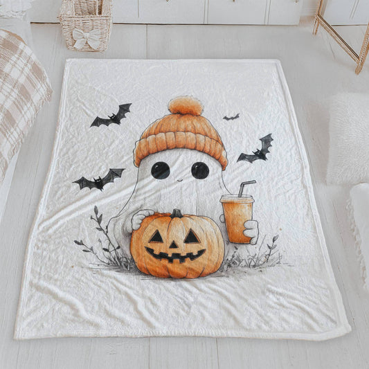 Cute Ghost with Pumpkin & Drink Halloween Lightweight Velveteen Blanket