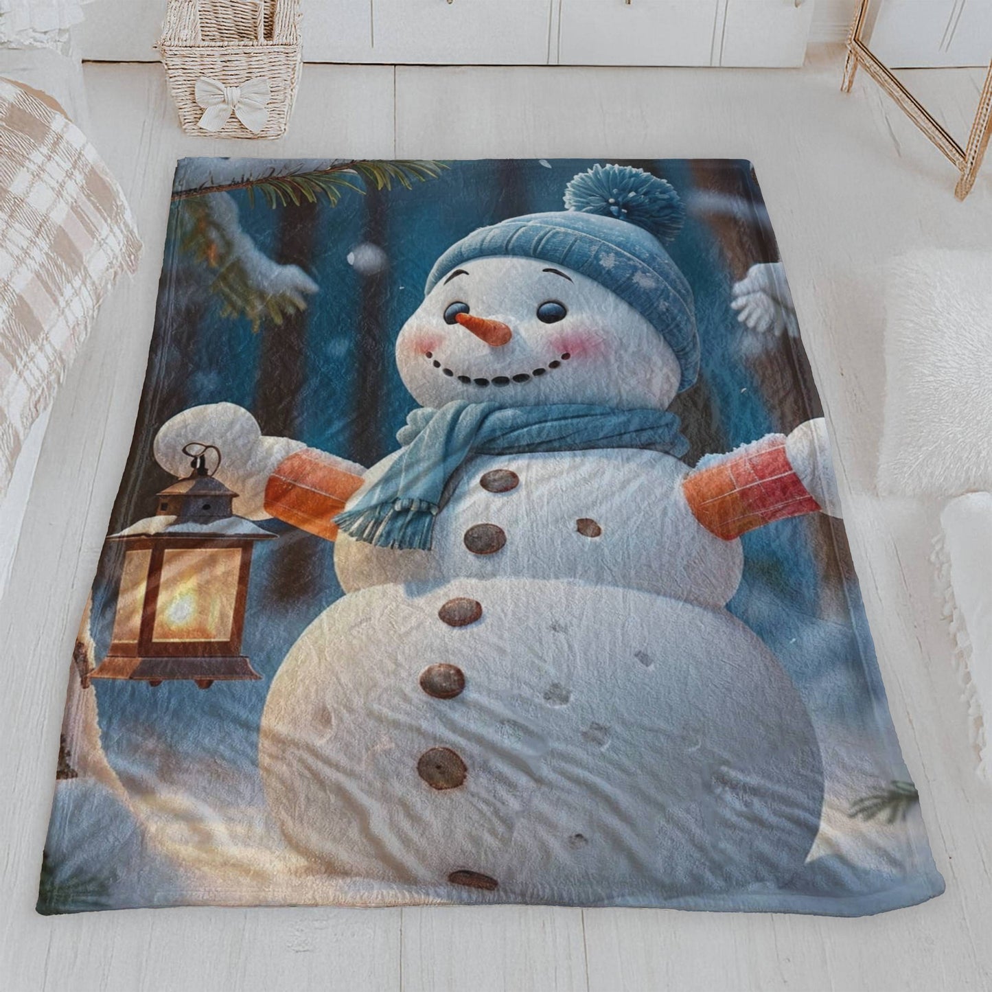 Smiling Snowman with Lantern Winter Velveteen Plush Blanket
