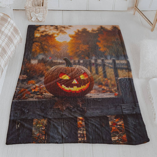 Rustic Autumn Jack-o'-Lantern Fence Halloween Plush Blanket