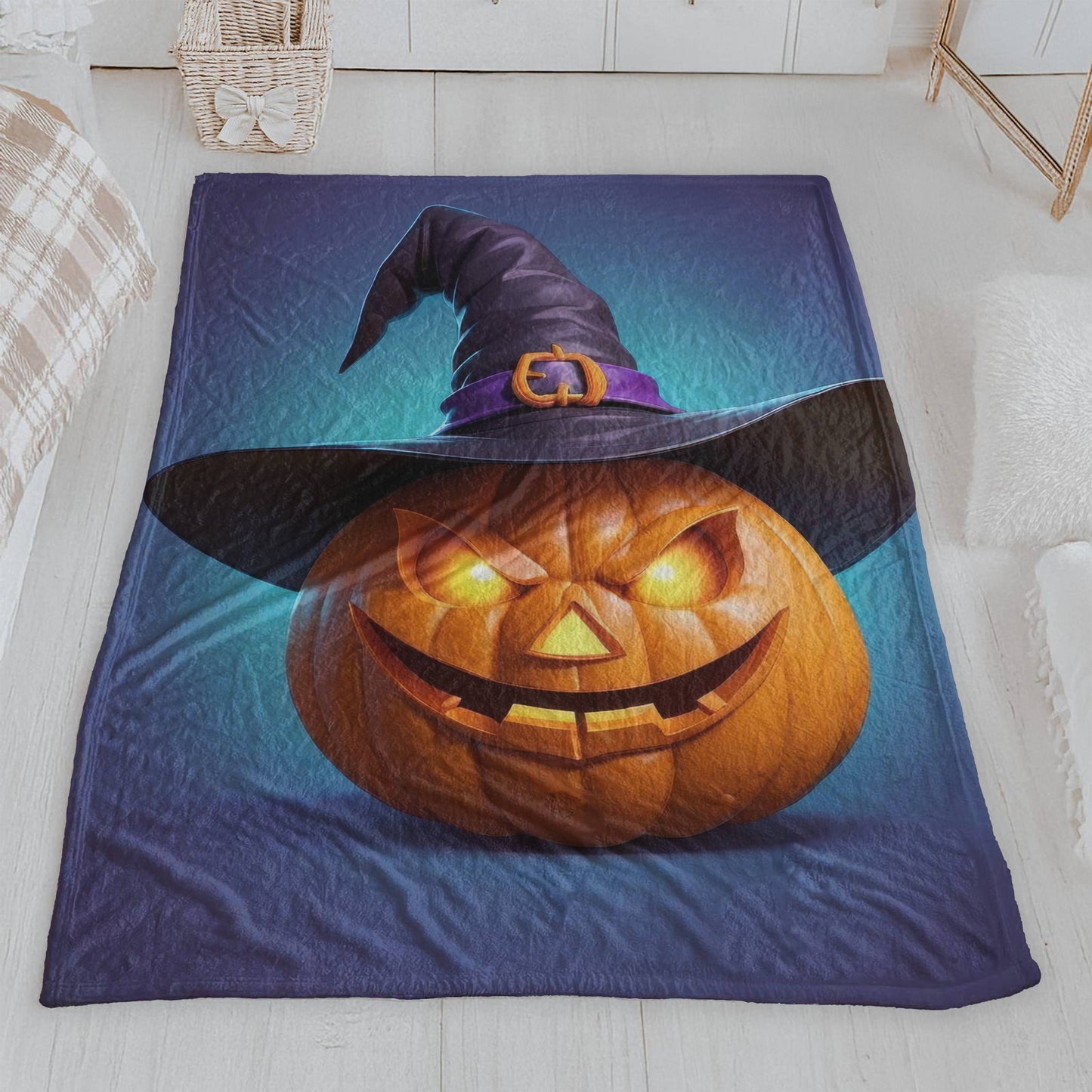 Ominous Jack-o'-Lantern with Witch Hat Halloween Blanket