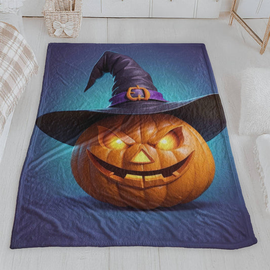 Ominous Jack-o'-Lantern with Witch Hat Halloween Blanket