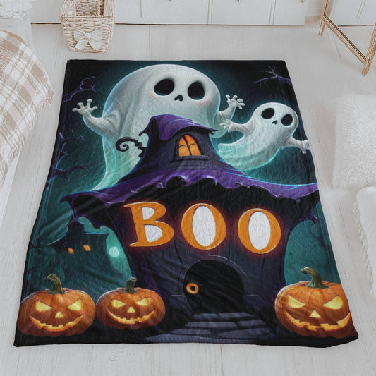 Cute Ghosts & "BOO" Haunted House Halloween Blanket