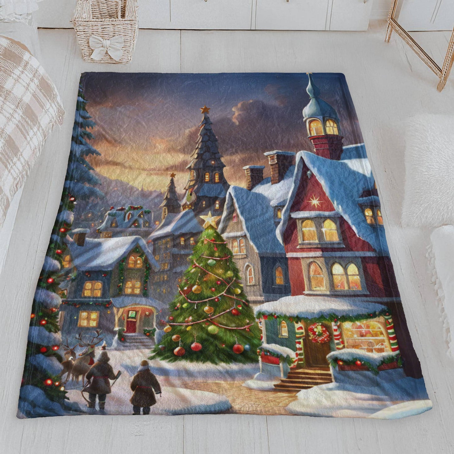 Cute Christmas Festive Village Velveteen Holiday Throw