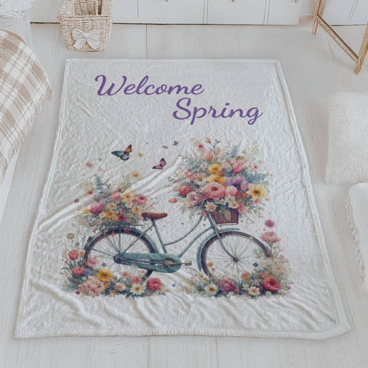 "Welcome Spring" Floral Bicycle Velveteen Blanket