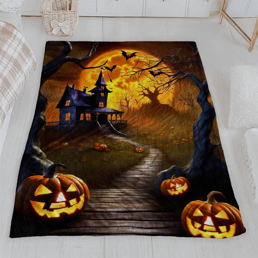 Haunted House & Orange Moon Halloween Lightweight Velveteen Blanket