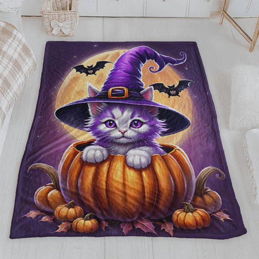 Magical Witch Kitten in Pumpkin Halloween Plush Blanket