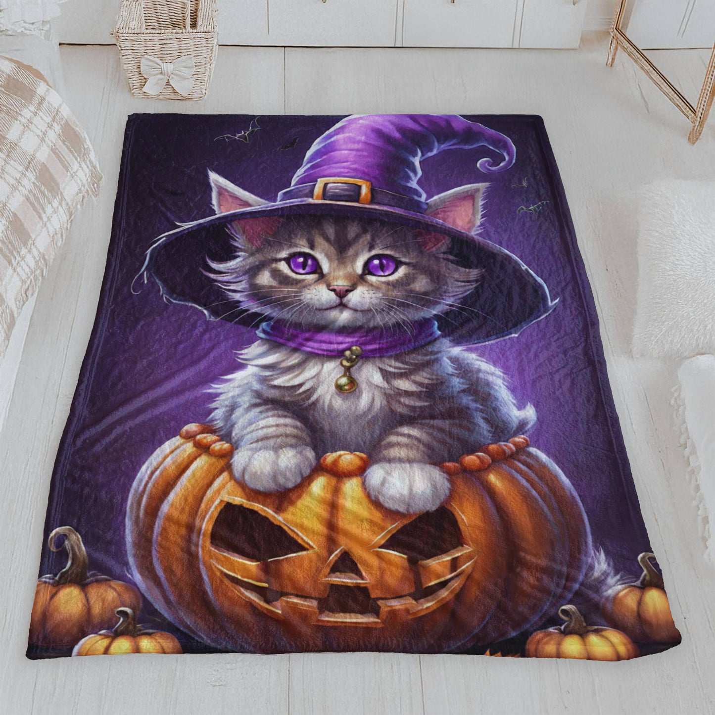 Adorable Witch Hat Kitten & Jack-o'-Lantern Halloween Plush Blanket