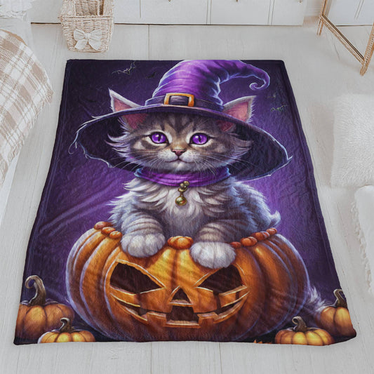 Adorable Witch Hat Kitten & Jack-o'-Lantern Halloween Plush Blanket
