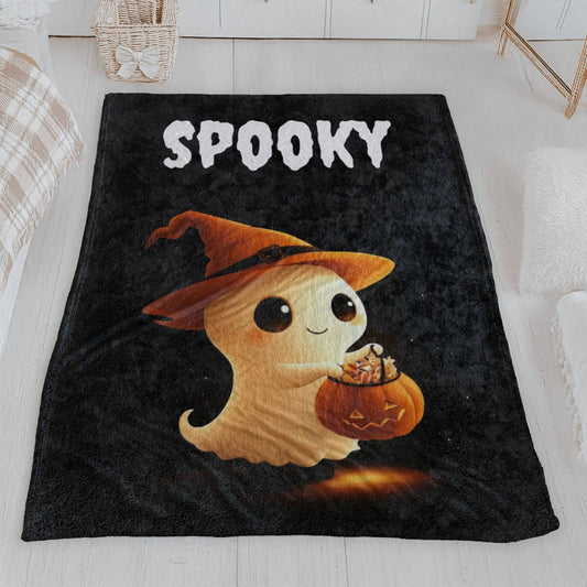 Adorable Spooky Ghost with Pumpkin Halloween Plush Blanket