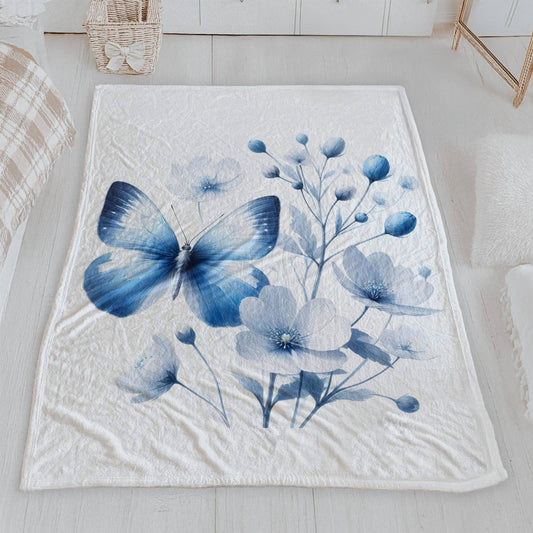 Serene Blue Butterfly & White Flowers Velveteen Blanket