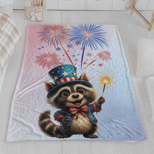 Patriotic Raccoon Fireworks Velveteen Plush Blanket