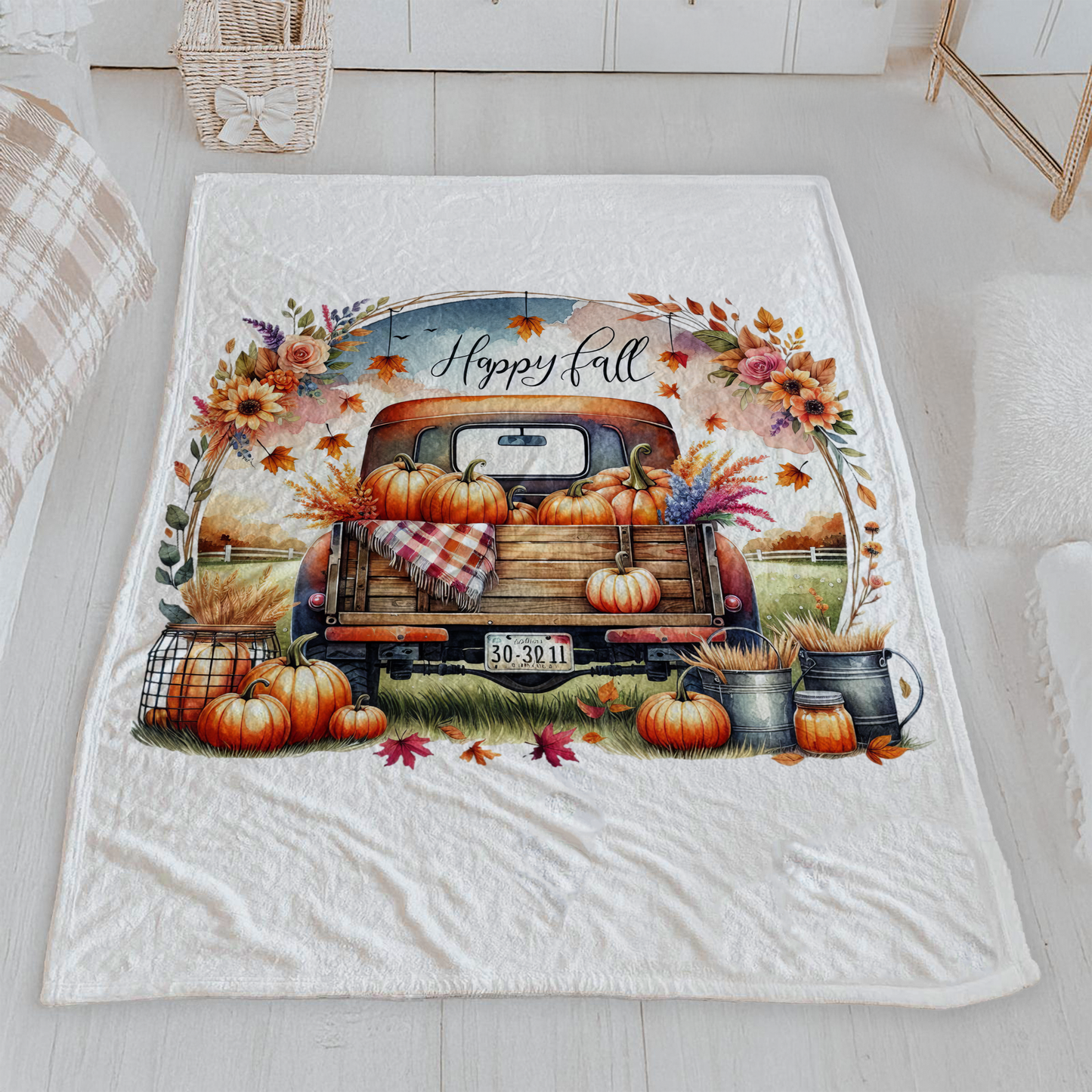 "Happy Fall" Rustic Truck Velveteen Blanket