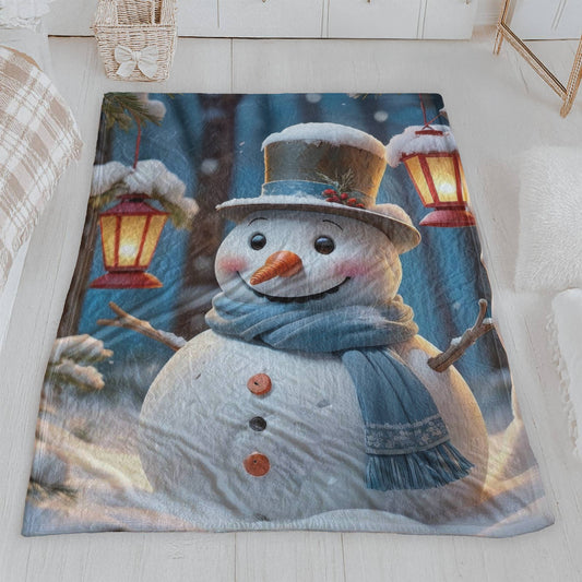 Smiling Snowman with Red Lanterns Velveteen Plush Blanket