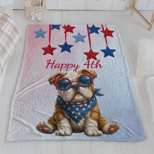 Happy 4th Bulldog Velveteen Plush Blanket