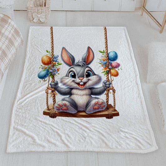 Playful Bunny on Swing Velveteen Blanket