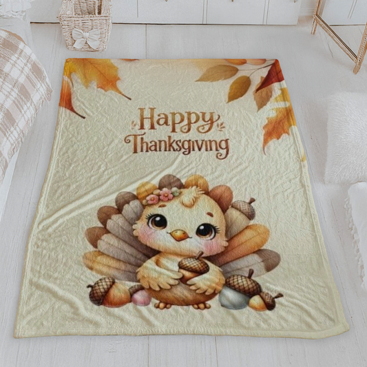 Happy Thanksgiving Cute Turkey Velveteen Plush Blanket